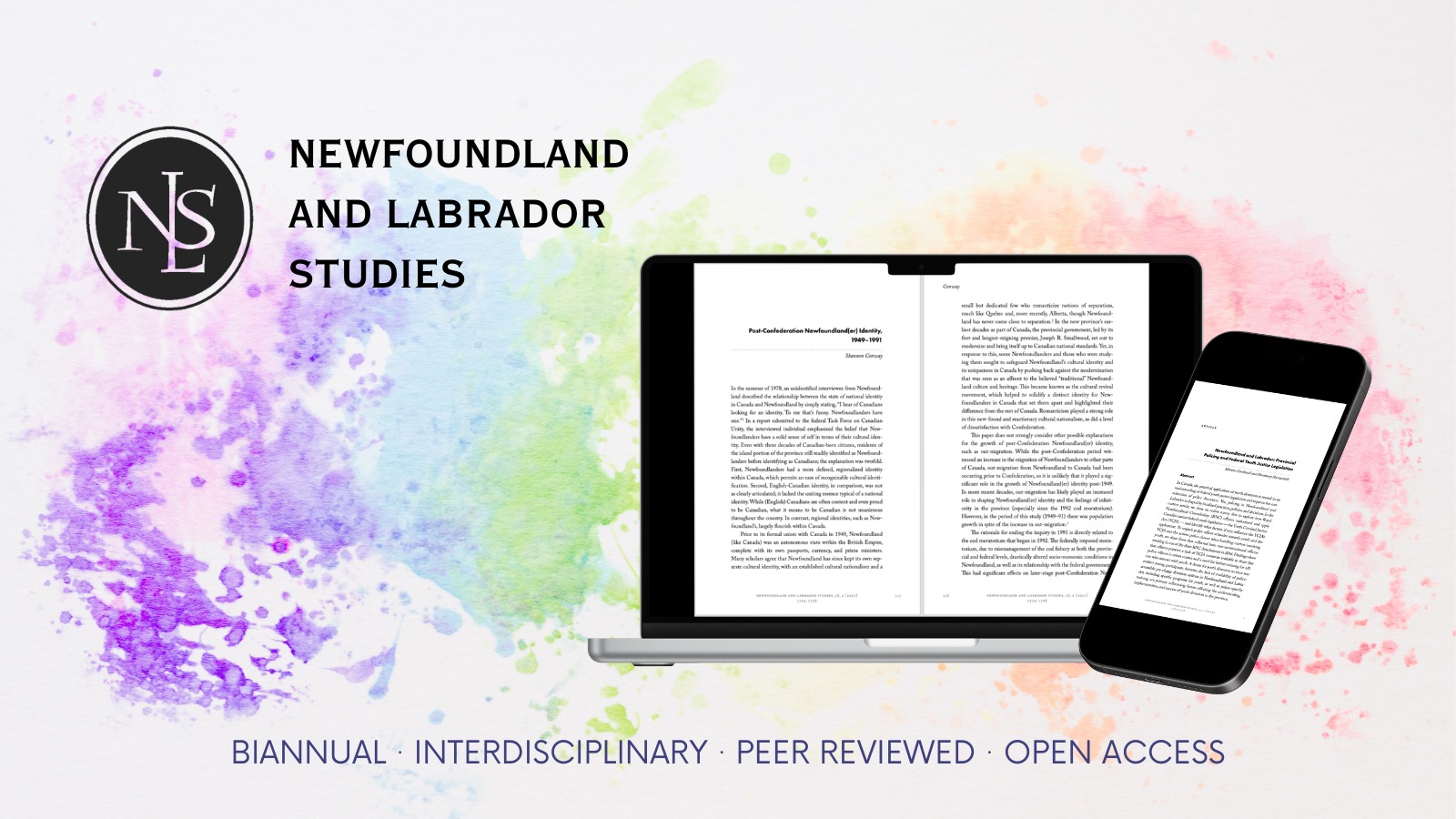 A computer and mobile phone displaying an article from Newfoundland and Labrador Studies. The NLS logo is in the top right. At the bottom, it reads 'biannual · interdisciplinary · peer reviewed · open access.' The background is a splash of many colours.